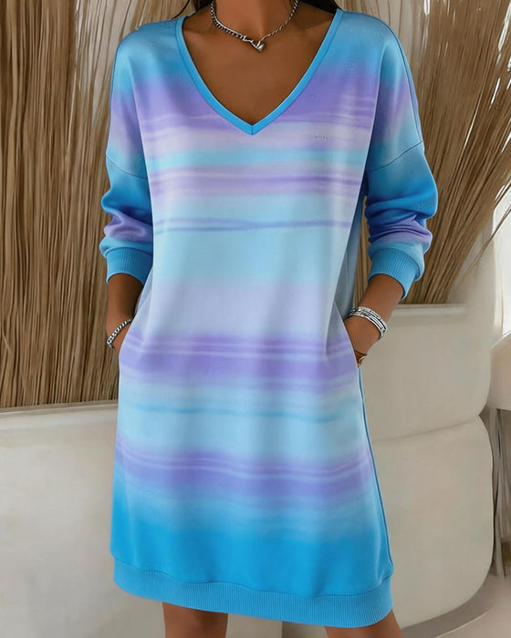Robe Col en V Rayé Bloc de Couleur Gradient Poche