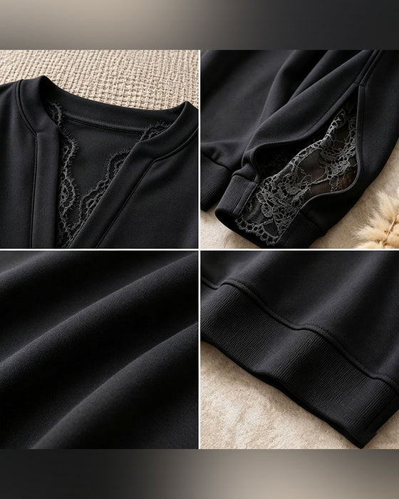 Sweatshirt Col En V Fente Dentelle Patchwork