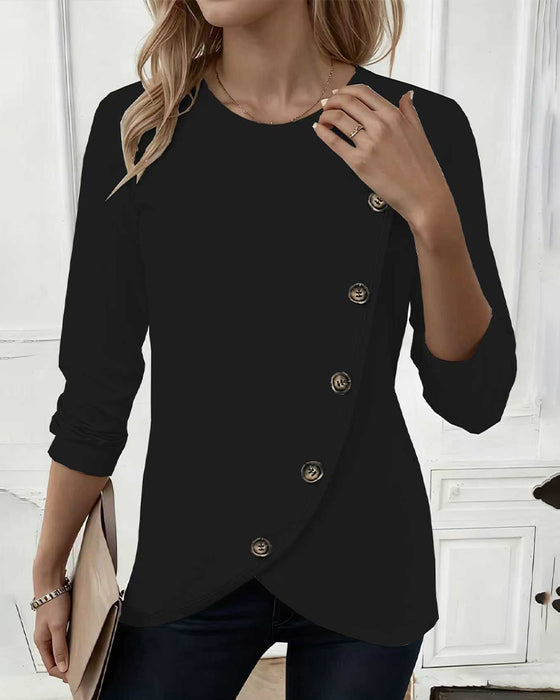 T-Shirt Irrégulier Faux Bouton Manches Longues