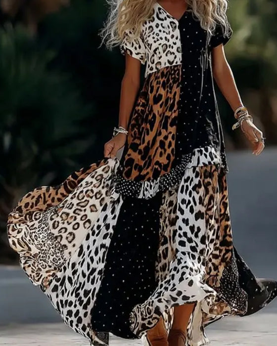 Robe Col En V Léopard À Pois Volant