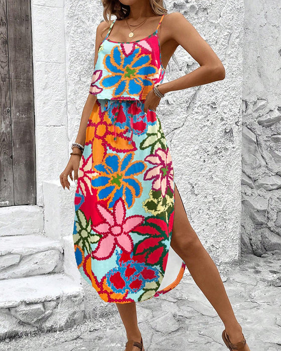 Robe Motif Irrégulier Fente Camisole