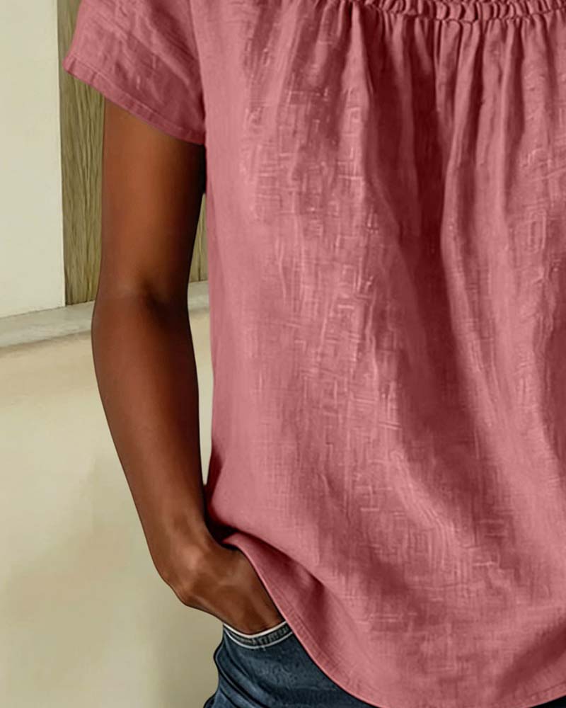Blouse Col Carré Froncé Manche Courte