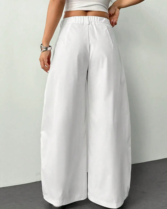 Pantalon Taille Haute Plissé Jambe Large Décontracté