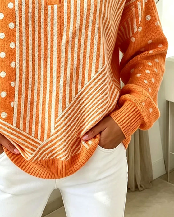 Pullover Bouton Devant Rayure À Pois Épaule Tombante Tricoté