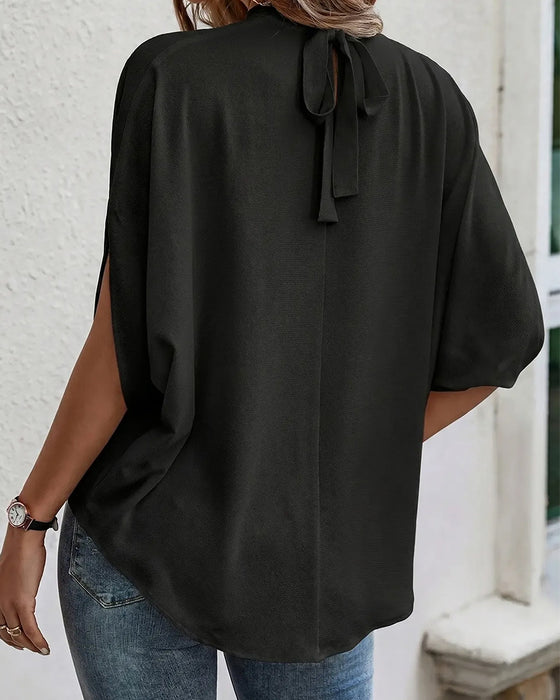 Blouse Col Mock Plissé Manche Trois Quarts Unie