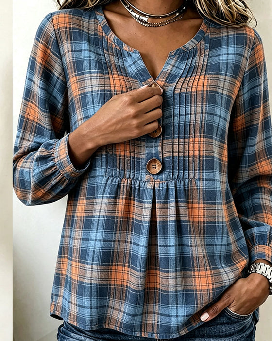 Blouse Trois-Bouton À Carreaux Manches Longues