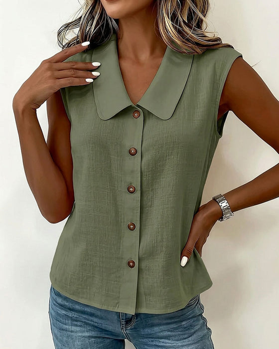 Chemise Sans Manches Col En Lin-Coton
