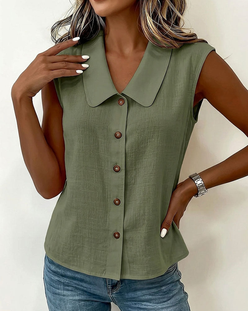 Chemise Sans Manches Col En Lin-Coton