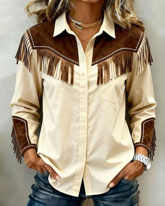 Chemise Frangée Assemblage Contraste Couleur Manche Longue