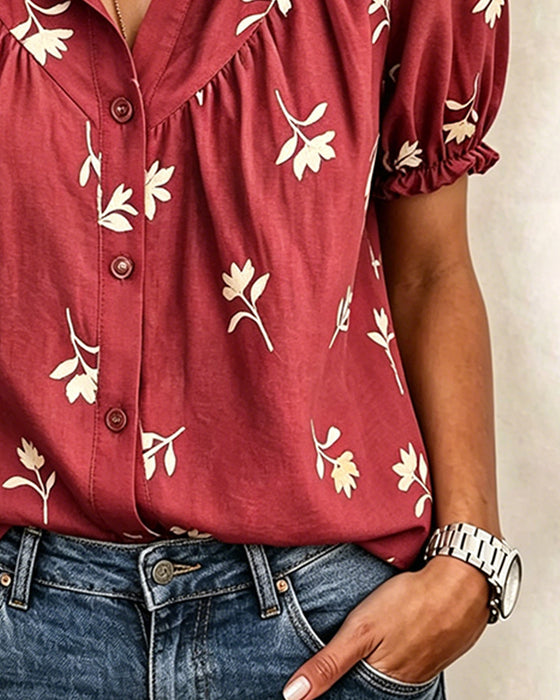 Blouse Manche Bouffante Décontractée Froncée