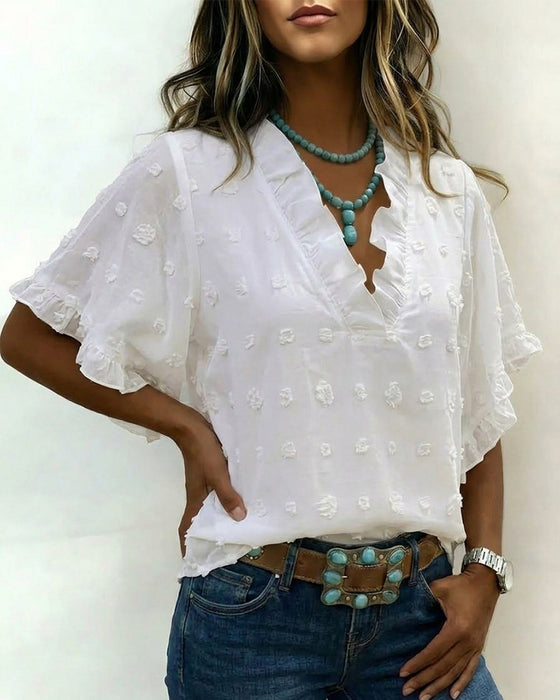 Blouse Jacquard Col En V Volant