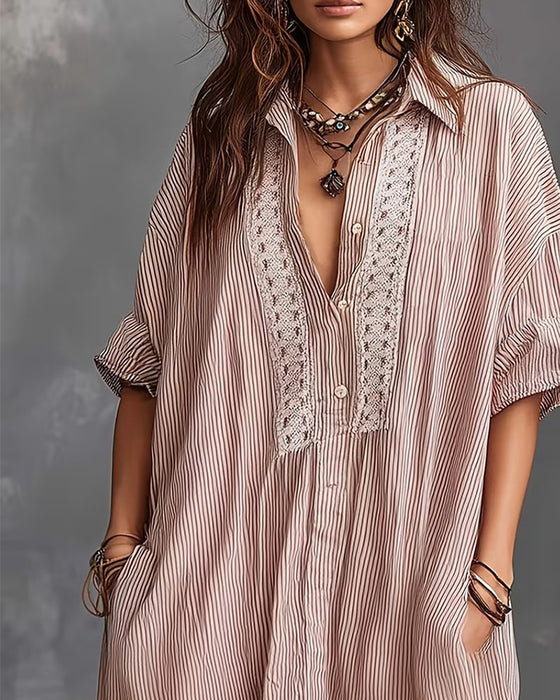 Robes Revers Rayure Patchwork Ample