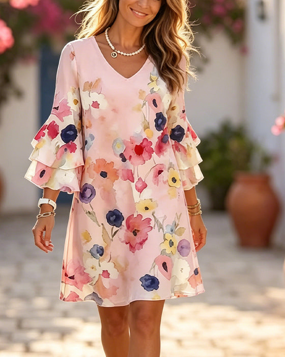 Robe Aquarelle Imprimé Manche Évasée Courte