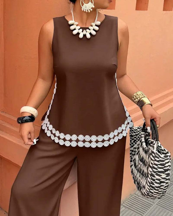 Set Haut Col Rond Sans Manches Pantalon Large Longue