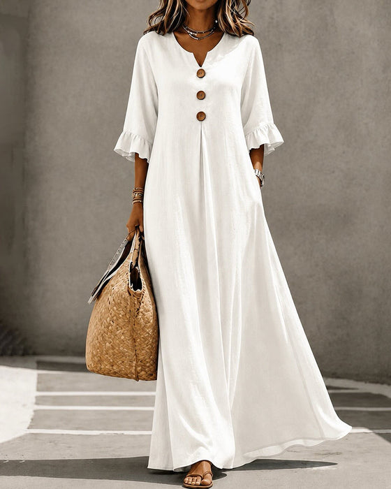 Robe Col En V Bouton Volant Jupe Ample