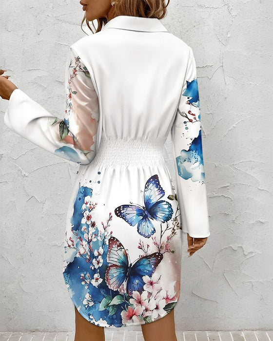 Robe Chemise à Papillons, Fleurs et Boutons