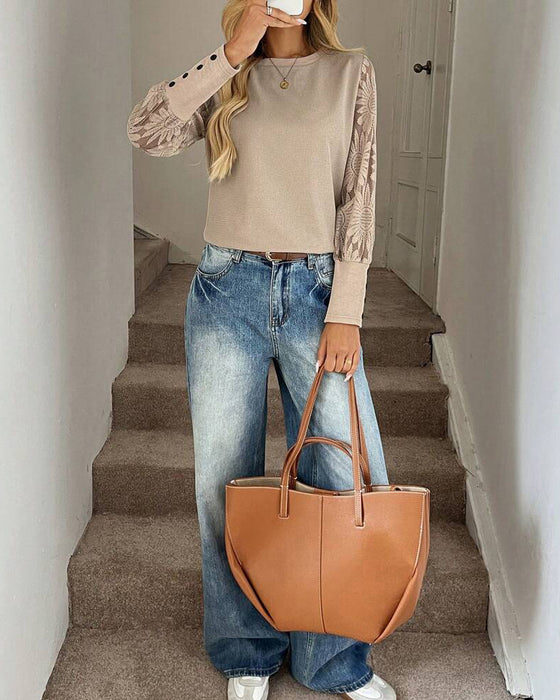 Haut Dentelle Crochet Incrustation Manches Longues