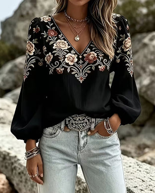 Blouse Col V Florale Décontractée