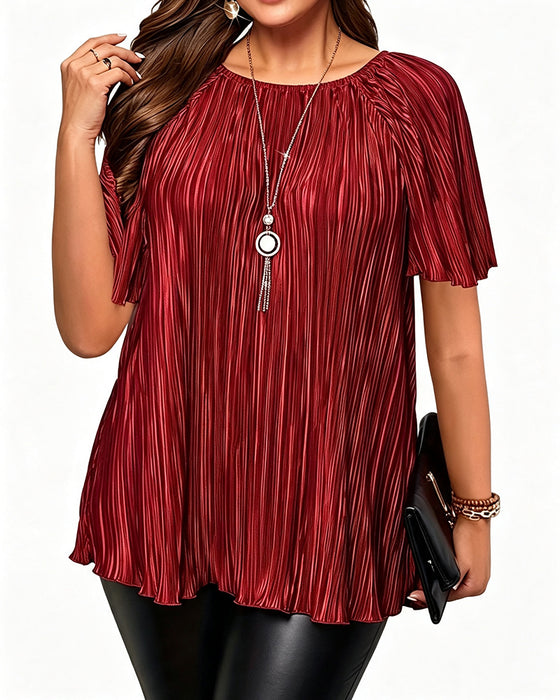 T-Shirt Grande Taille Unie Plissée Manches Courtes