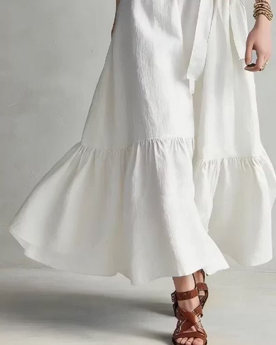 Robe Col-V Sans-Manches Volantée Nœud-Devant