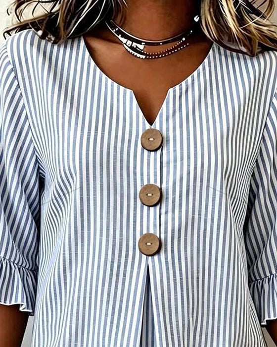 Blouse Mini Col V Volant Rayure Bouton