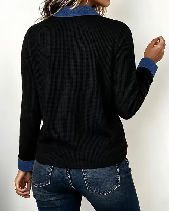 Blouse Décontractée Denim Col Panneau Manches Longues