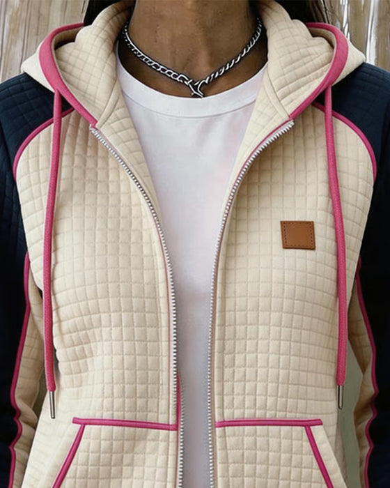 Manteau Blocs De Couleurs Gaufré À Capuche Fermeture Éclair