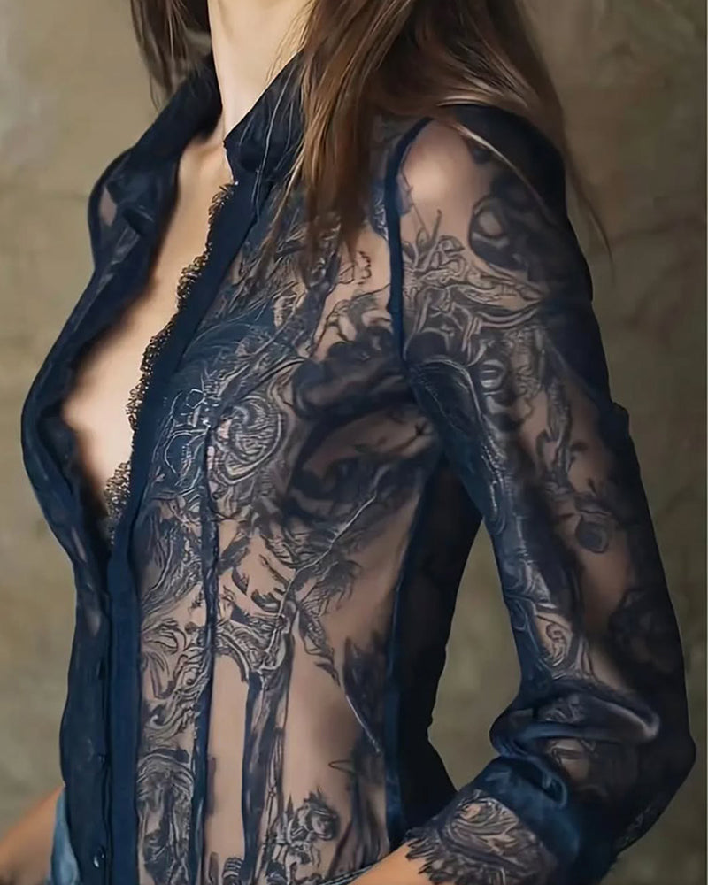 Blouse imprimée à bordure en dentelle tendance