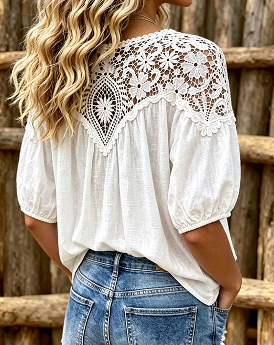 Chemisier Manche Bouffante Courte Dentelle Patchwork Col V