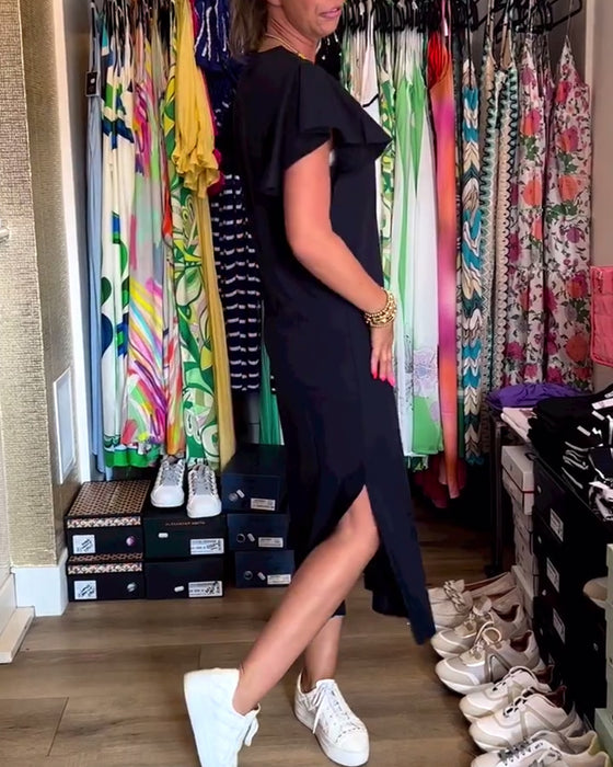 Robe décontractée fendue à manches volantées et imprimé lettre