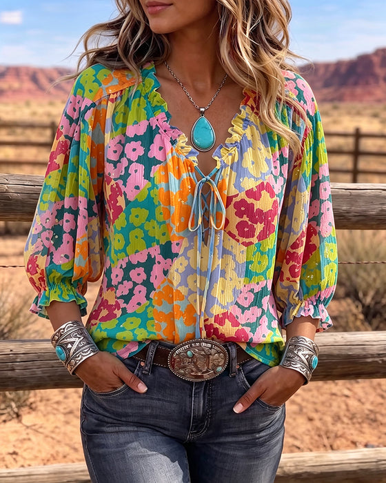 Blouse Florale Col En V Attache Devant Manche Bouffante