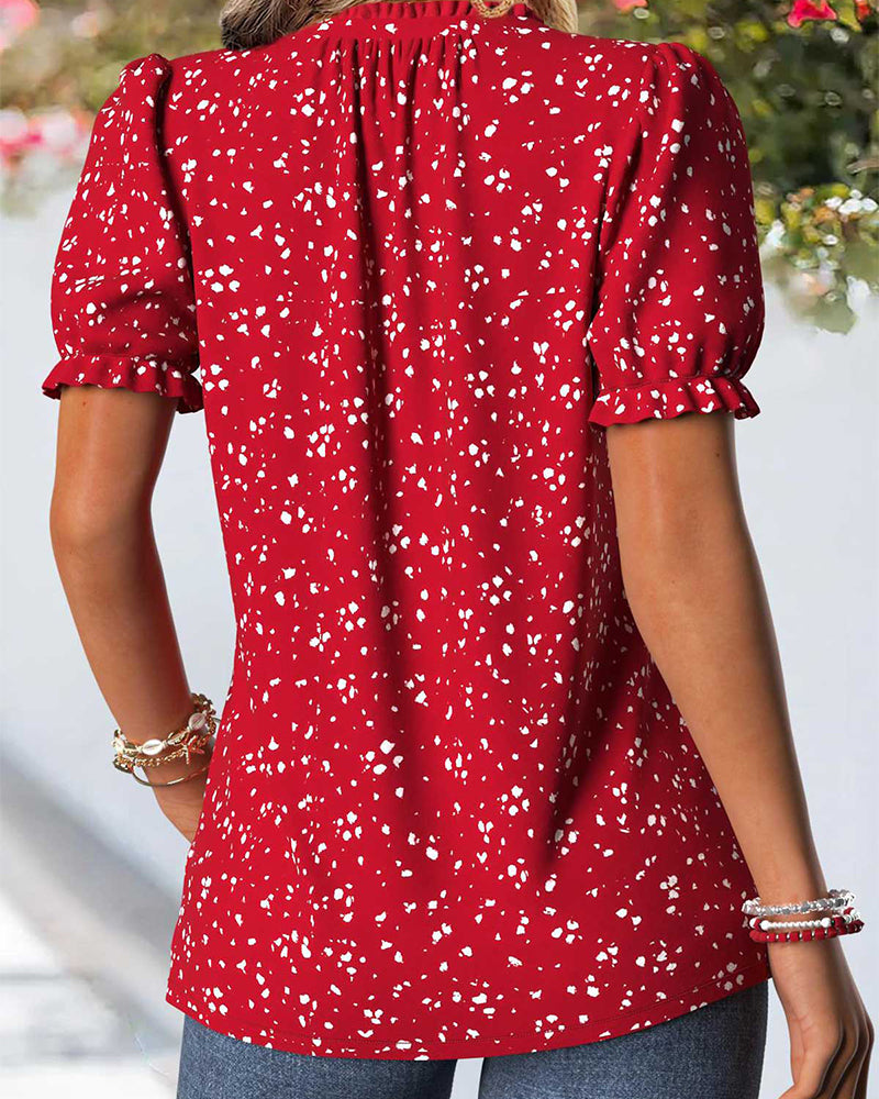 Blouse Col En V Plissée Petit Fleuri