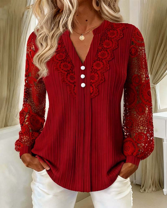 Blouse Dentelle Panneaux Manches Longues Col V