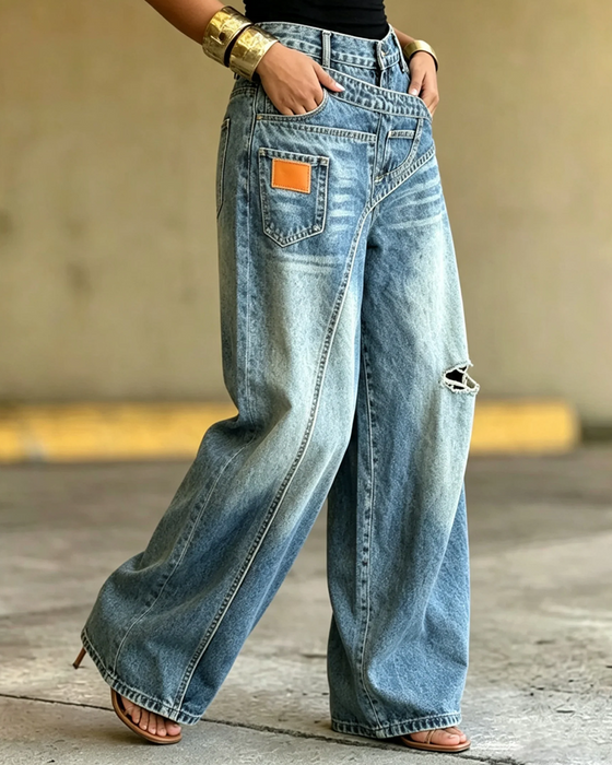 Pantalon Irrégulier Denim Déchiré Long