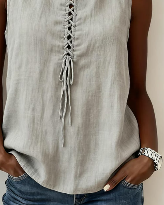 Tank Top Col Mock Cravate Sans Manches