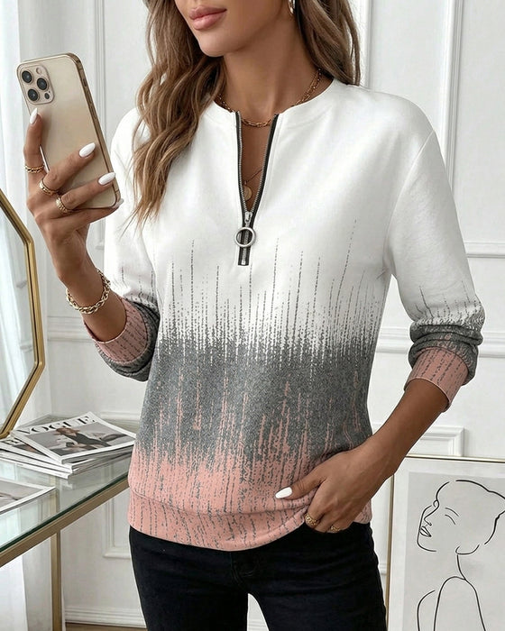 Sweatshirt Demi Fermeture Éclair Dégradé Manche Longue
