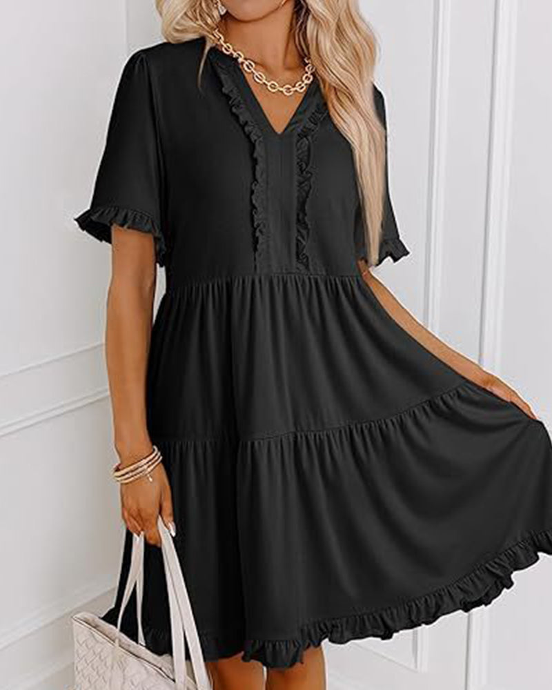 Robe Bordure Volantée Col En V Ourlet Superposé