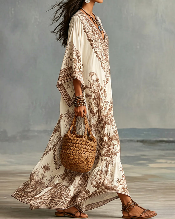 Robe Col En V Bohémienne Évasée Asymétrique