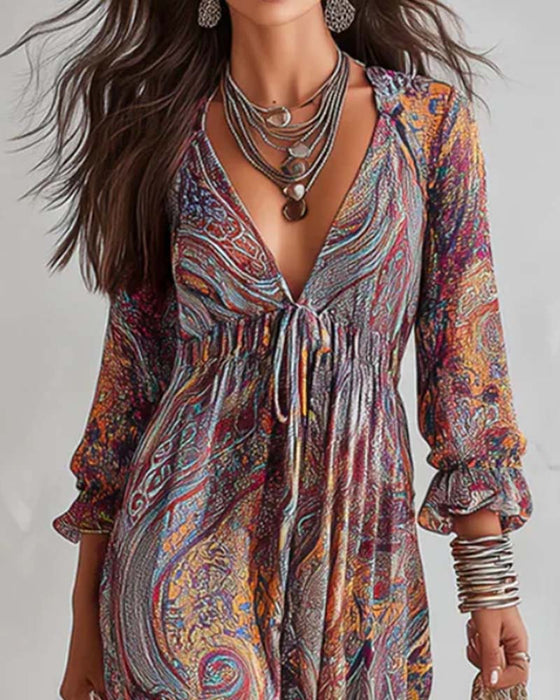 Robe Col En V Froncée Manches Ballon Jupe Ample