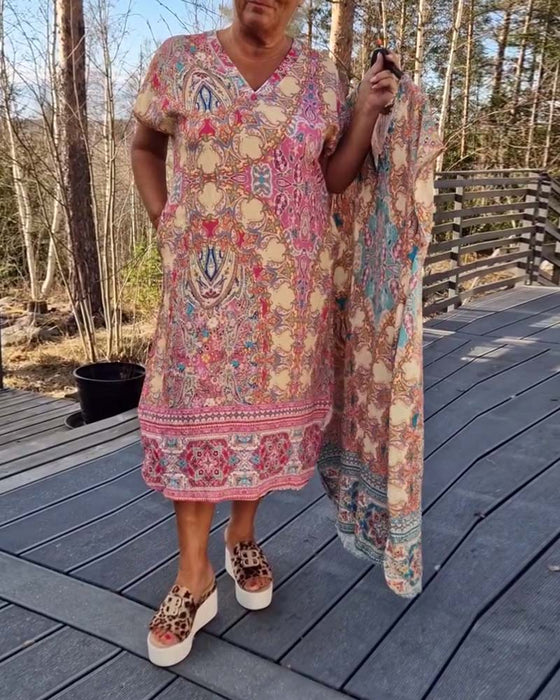 Robe Col En V Manches Courtes Imprimée Droite