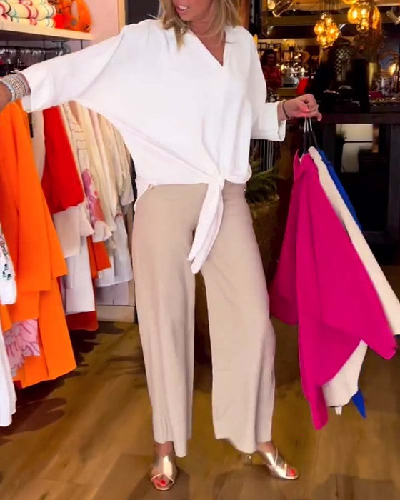 Chemisier à col en V à cravate de couleur unie