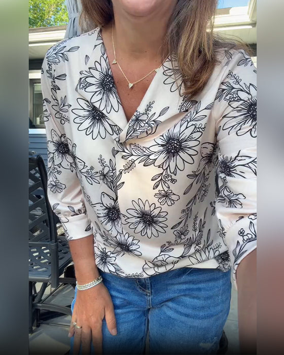Blouse Encre Lavage Florale Trois Quarts Revers