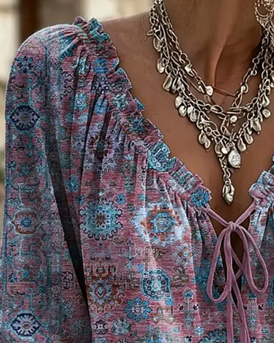Blouse Col V Attache Vintage Imprimé
