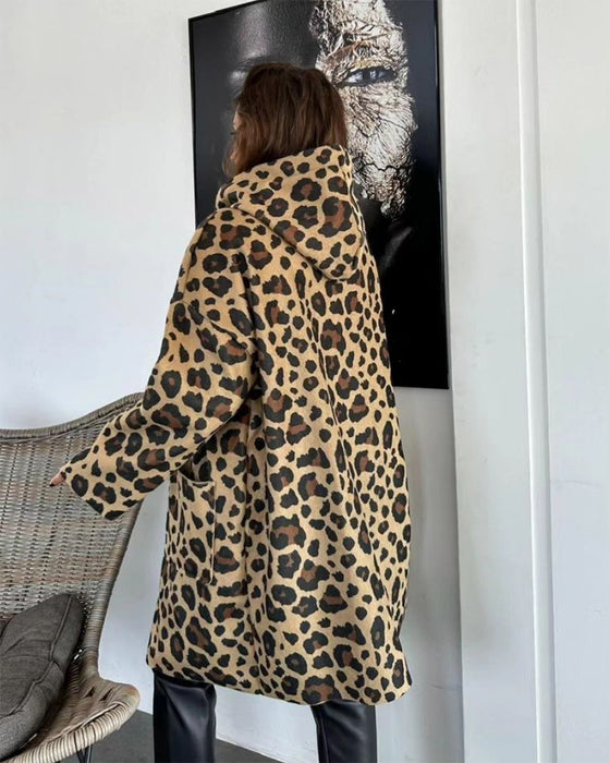 Manteau à capuche décontracté à imprimé léopard avec poche