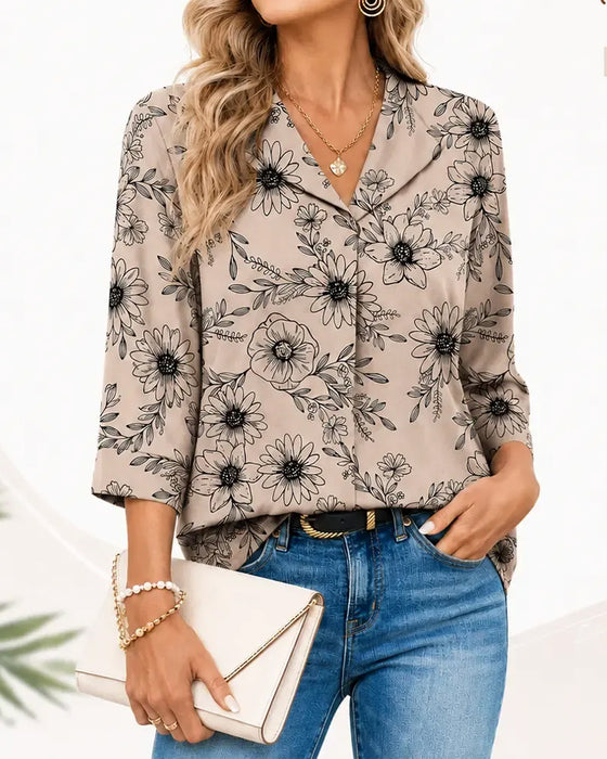 Blouse Encre Lavage Florale Trois Quarts Revers