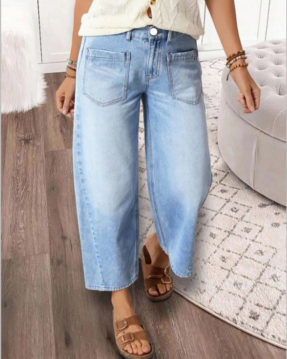 Jean Denim Taille Élastique Large Jambe Cropped