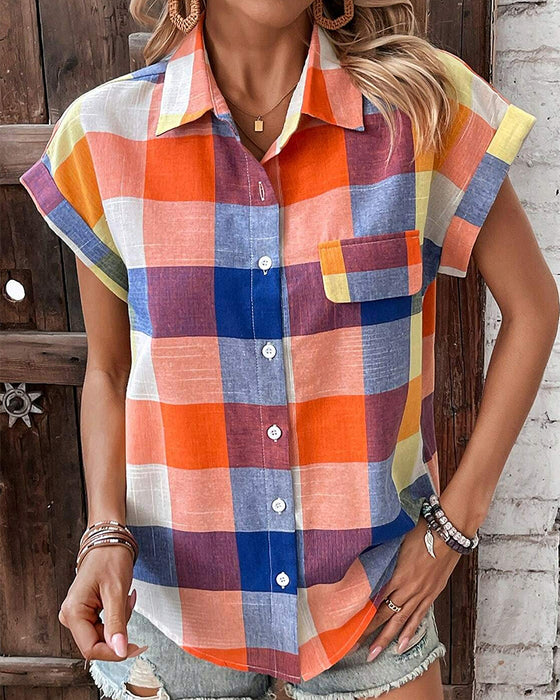 Chemise décontractée à manches courtes à imprimé écossais coloré