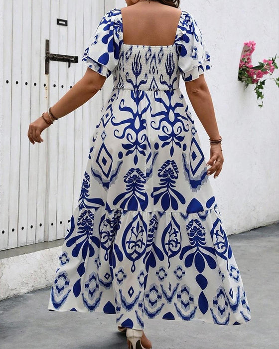 Robe Bleu Porcelaine Col Carré Imprimé Maxi