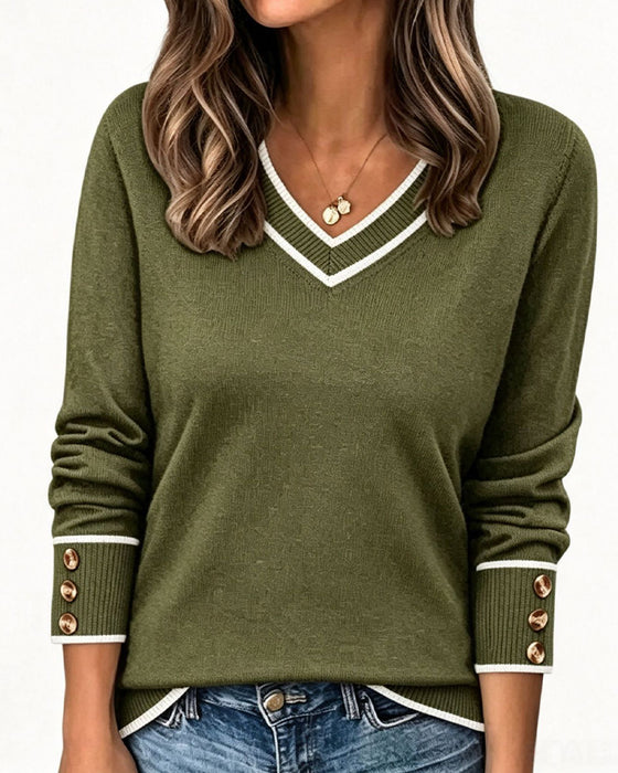 Pullover À Col En V Et Boutons De Contraste