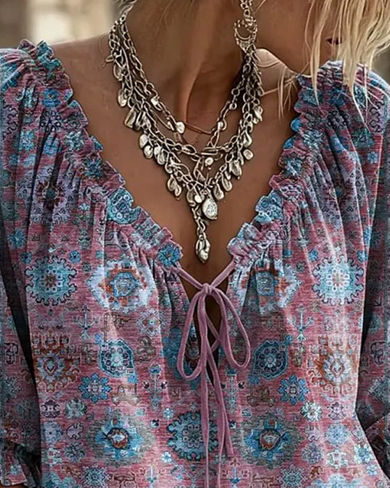 Blouse Col V Attache Vintage Imprimé